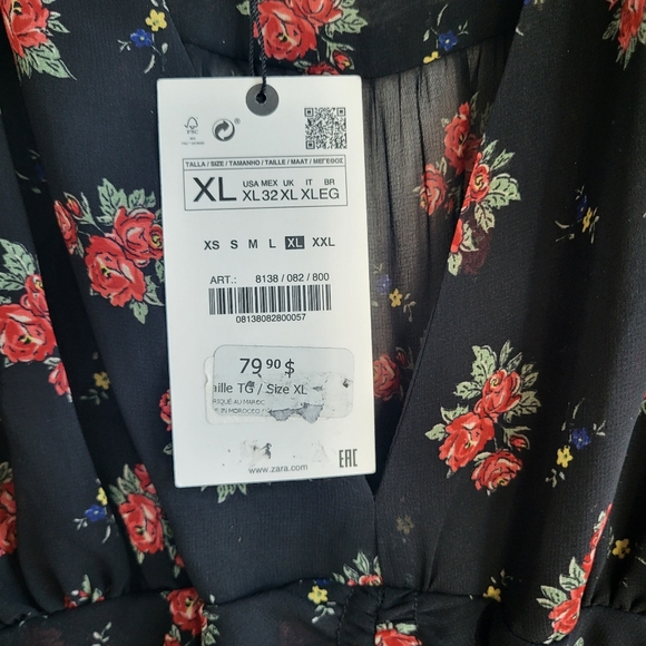 Zara Black Floral Plunge Neck Ruched Dress Size XL NWT - Picture 11 of 14